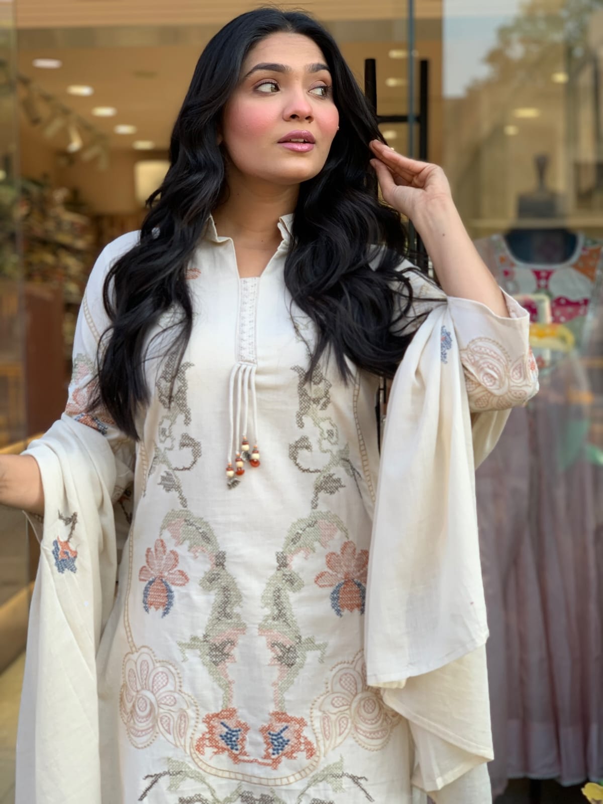 Cream Cotton Flex Kurti Set with Palazzo & Mul Mul Dupatta