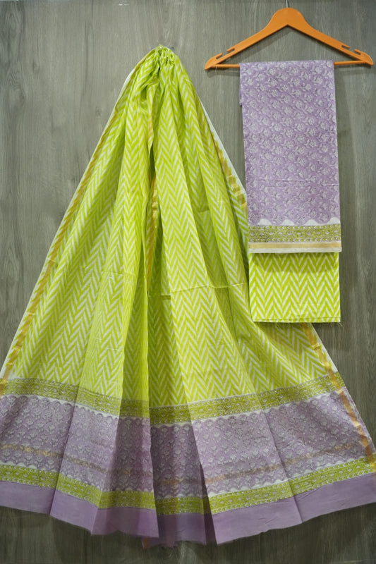 Lime Luxe Chevron  Hand Block Print Chanderi Silk Dress Material  (BFCHS51)