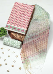 New Floral Hand Block Printed Cotton Suit With Organza Dupatta(BFOR72)