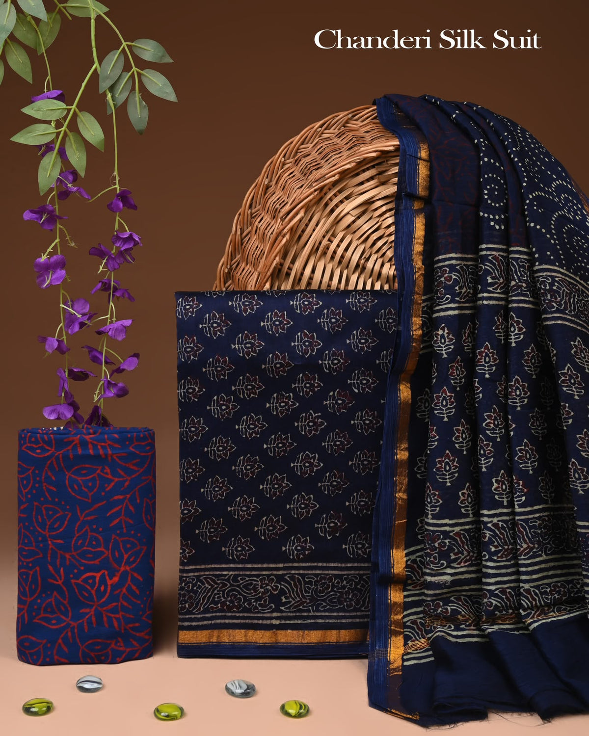 EXCLUSIVE HAND BLOCK CHANDERI SILK SUIT SET WITH CHANDERI DUPATTA