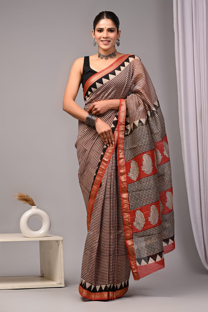 New Designer Hand Block Print Maheshwari Silk Saree (BFMSARE64)