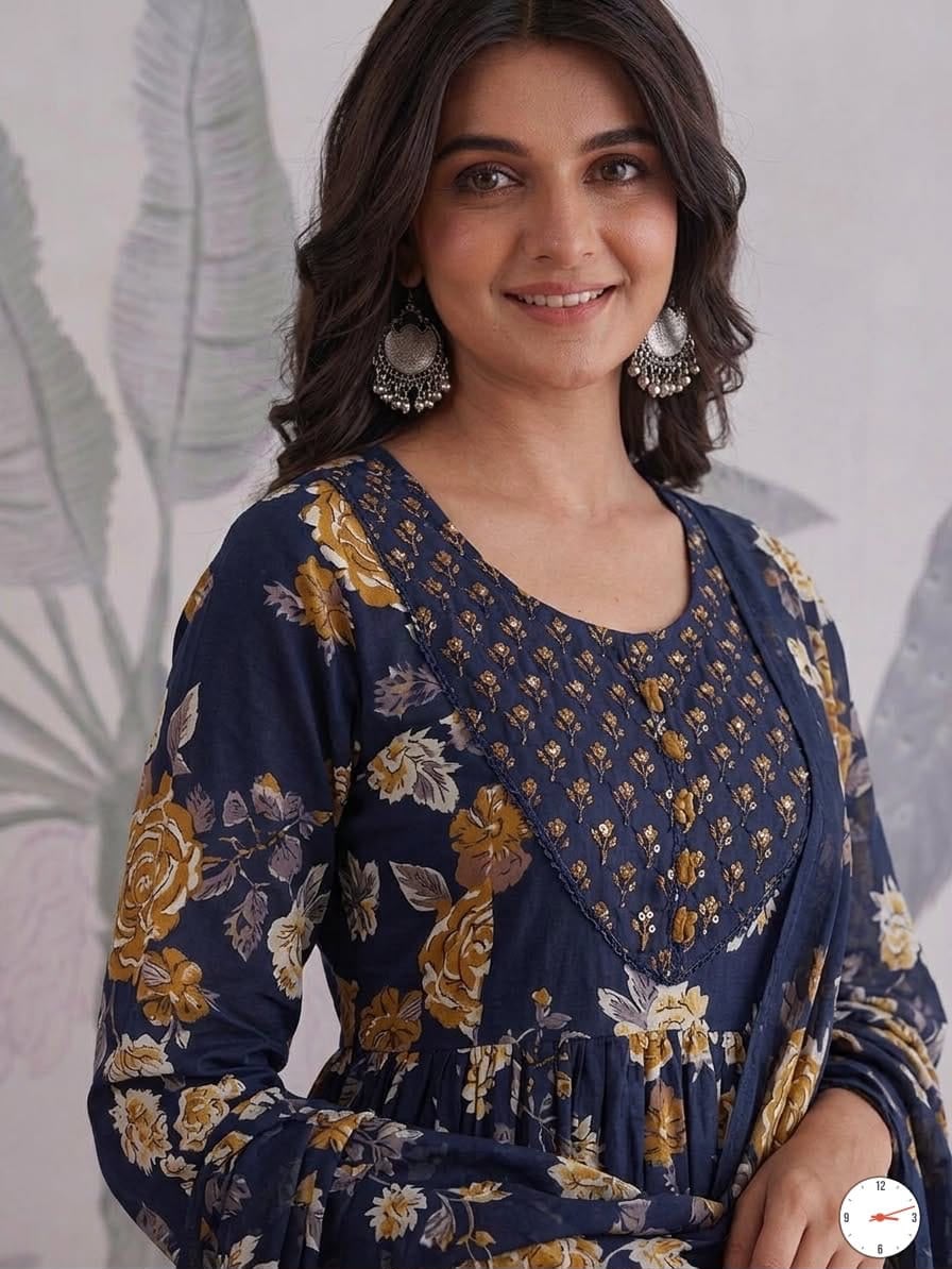 Navy Blue Floral Print Anarkali Kurta Pant Dupatta Set