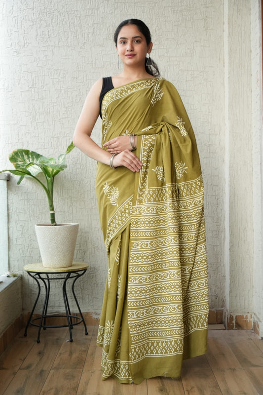 Olive Green Printed Cotton Saree – Soft Cotton Saree for Women  (BFCS36)