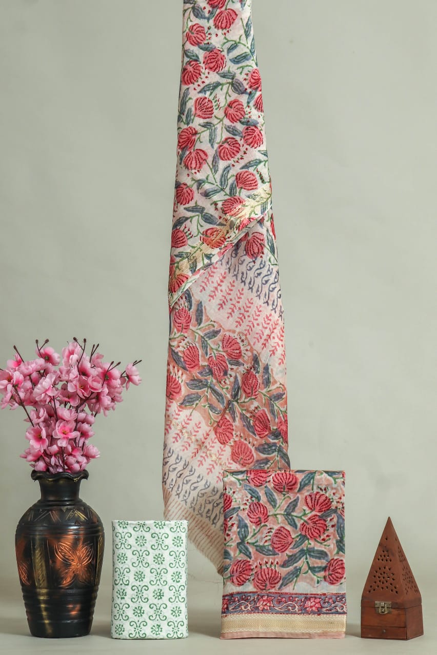 Premium Hand Block Printed Maheshwari Silk Suit(BFMAH53)