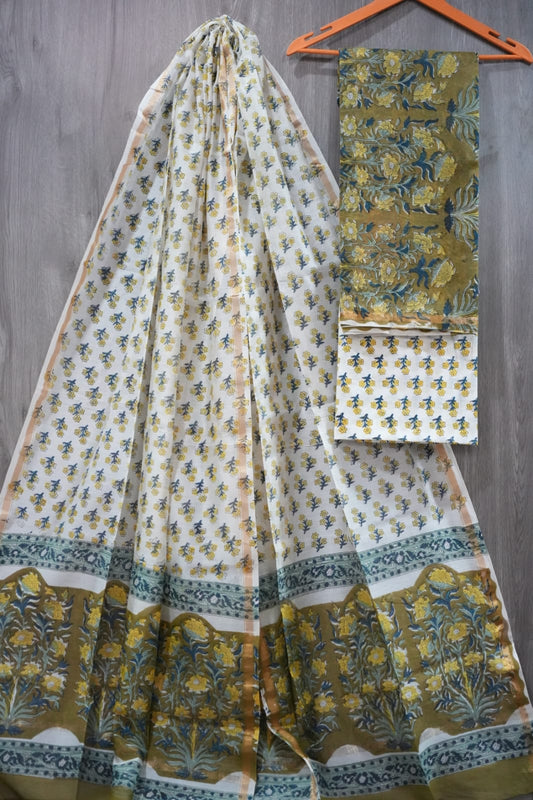 Olive Green & Yellow Genda Butti Hand Block Print Chanderi Silk Dress Material (BFCHS45)