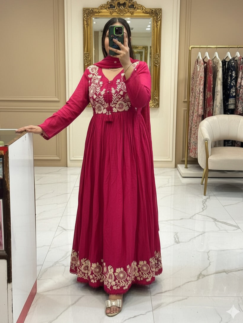 Rani Pink Premium Cotton Anarkali Suit Set with Mirror & Thread Embroidery