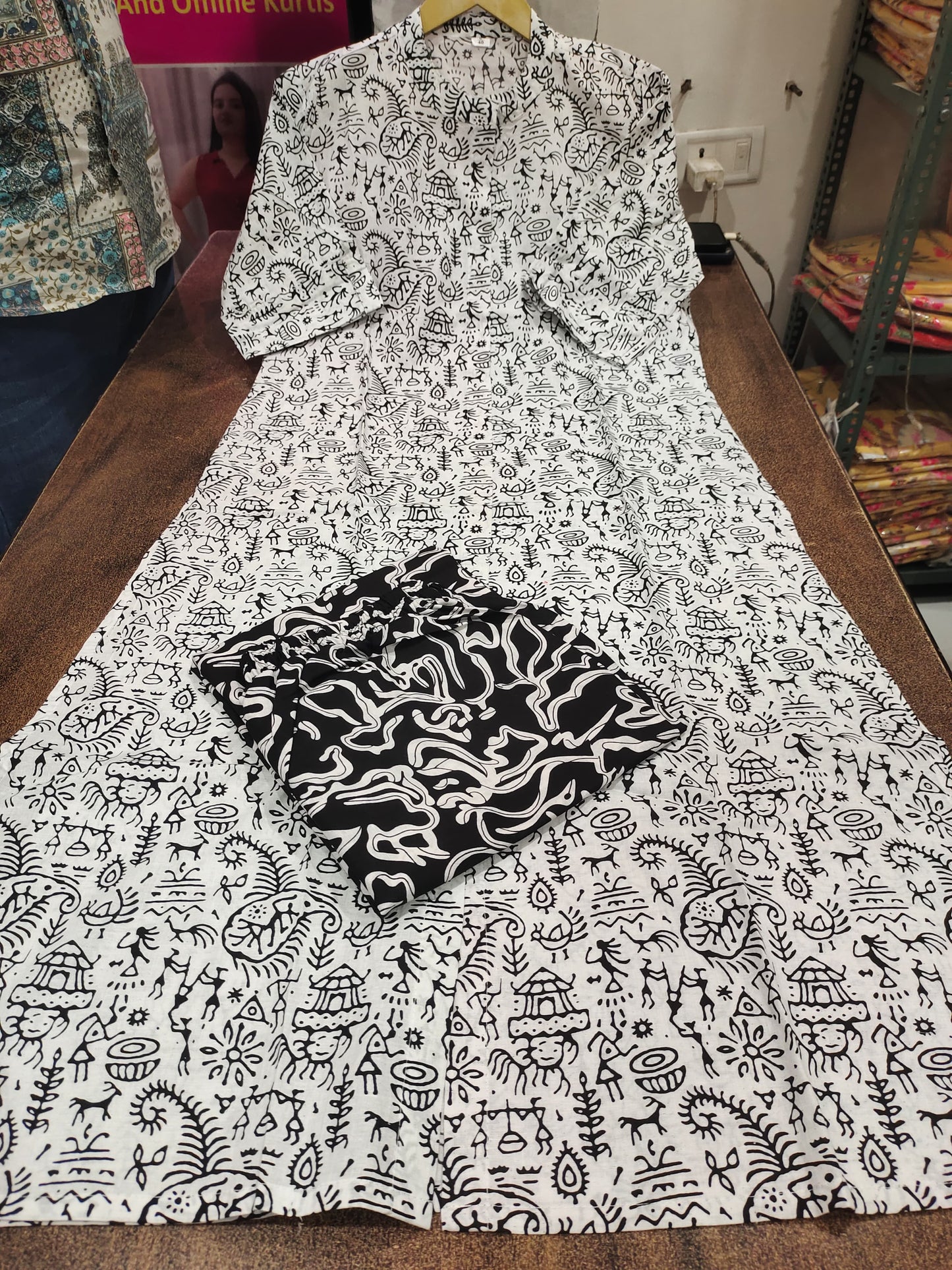 Beige & Black Warli Print Cotton A-Line Kurta Wide Palazzo Set