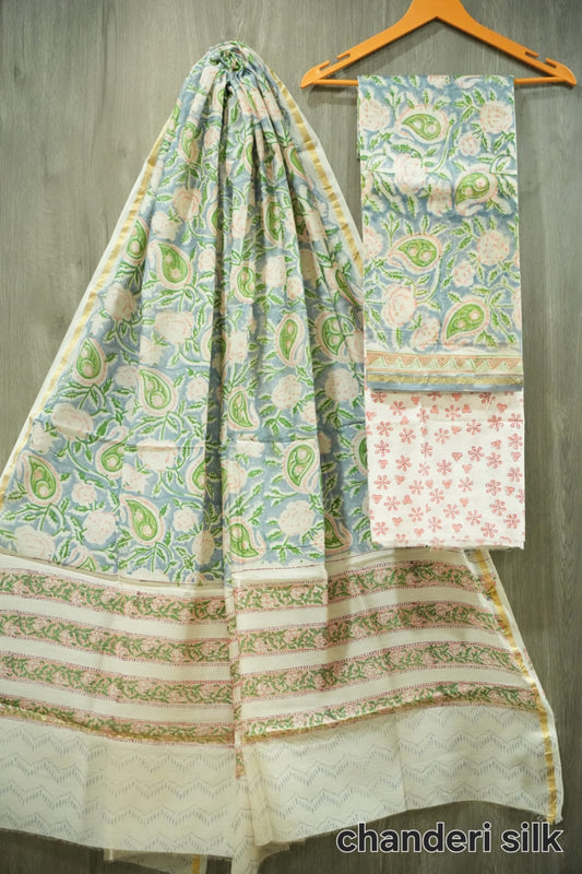 Sky Blue & Pink Paisley Floral Hand Block Print Chanderi Silk Dress Material (BFCHS33)