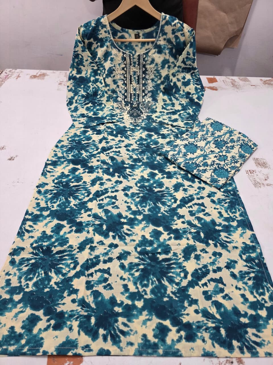 Blue Tie & Dye Pure Cotton Kurti Pant Set with Embroidery