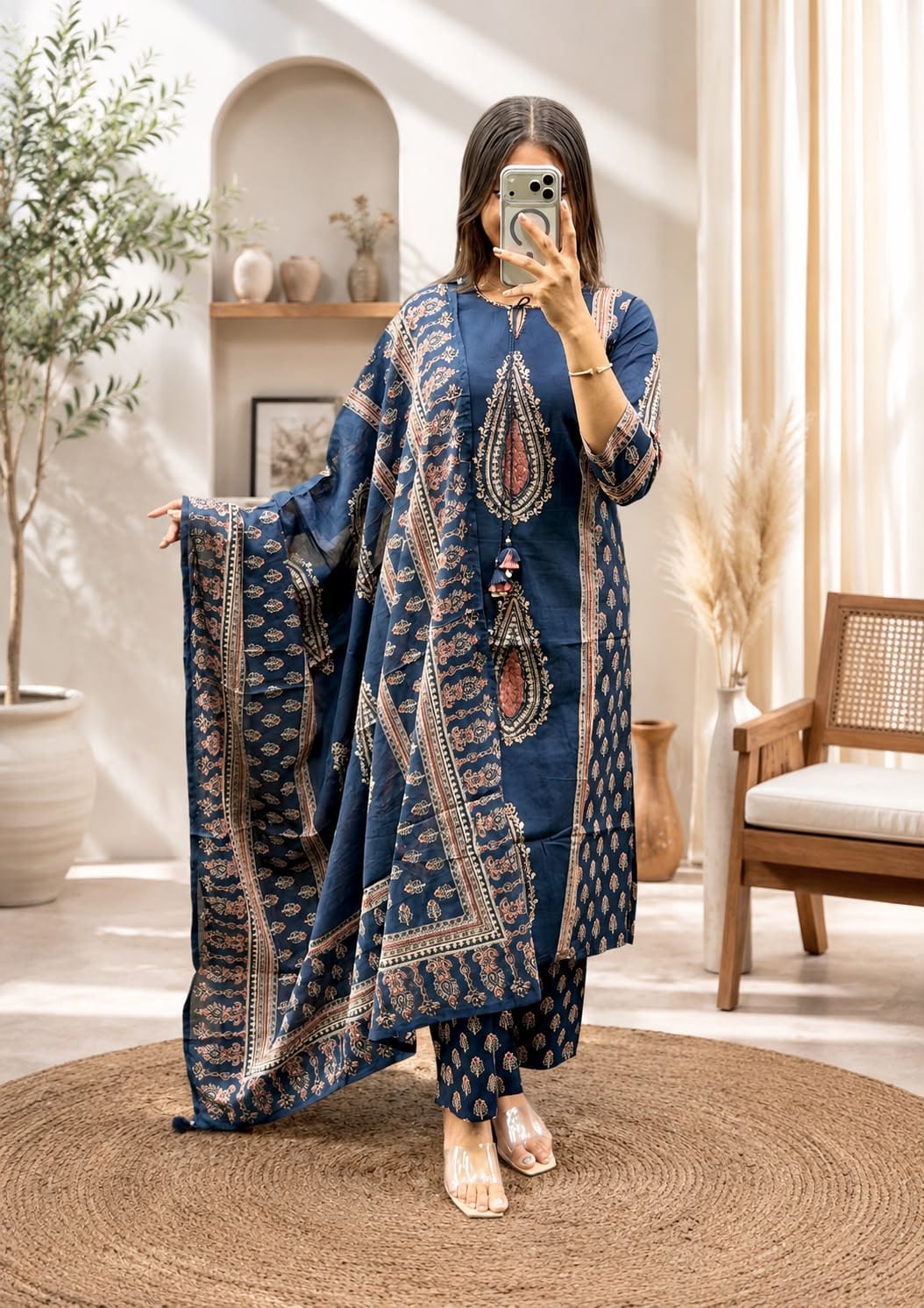 Navy Blue Cotton Printed Kurti Pant Dupatta Set