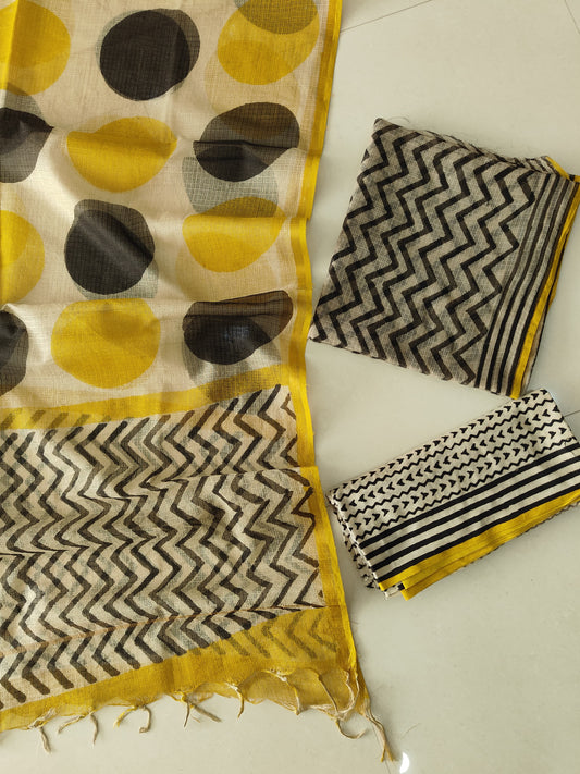 Yellow & Black Chevron Block Print Kota Doriya Suit (BFFKO85)