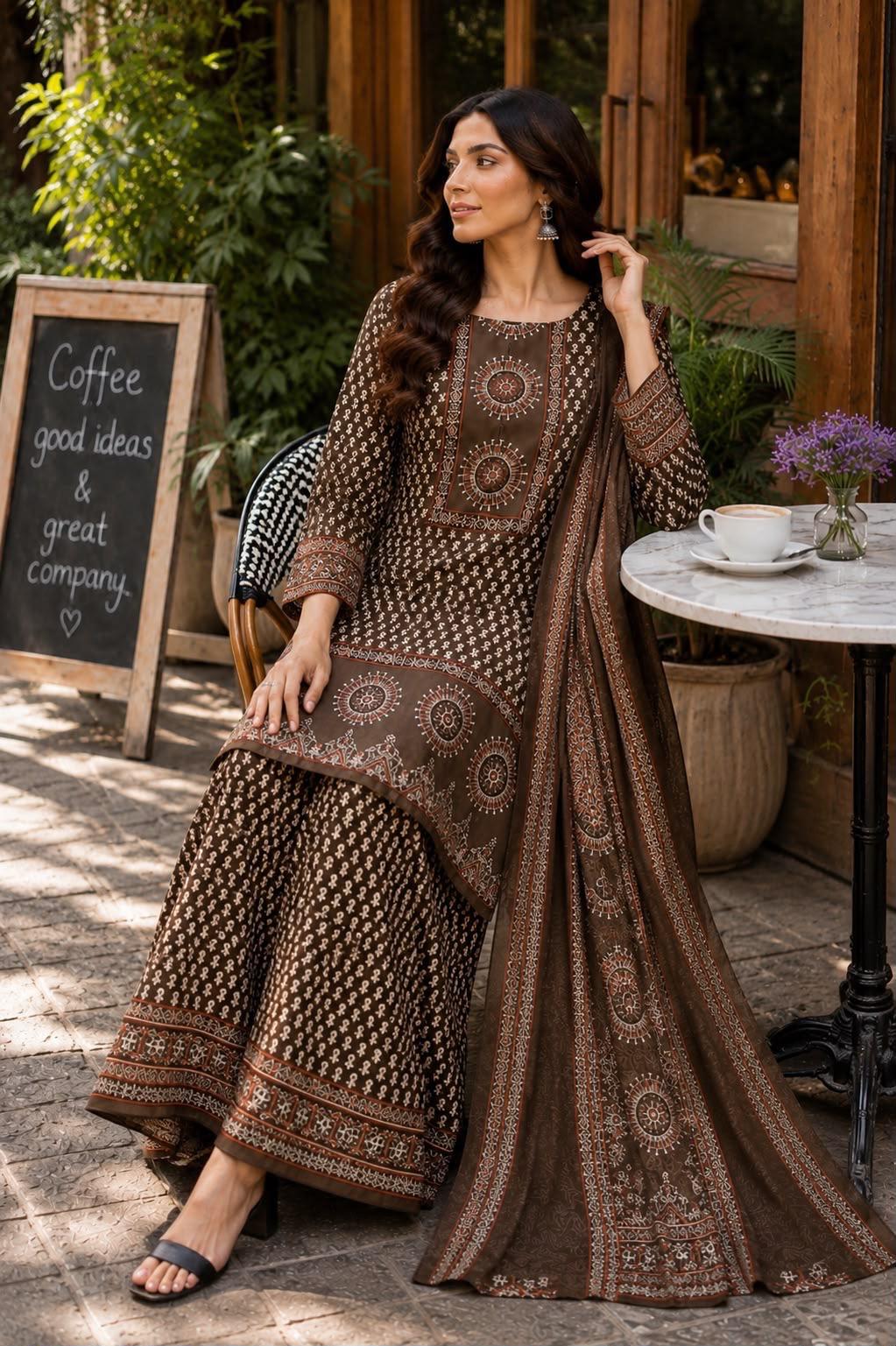 Brown Cotton Printed Gopi Sharara Set | Ethnic Ajrakh Print Kurti with Dupatta