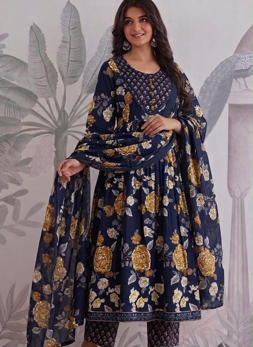 Navy Blue Floral Print Anarkali Kurta Pant Dupatta Set