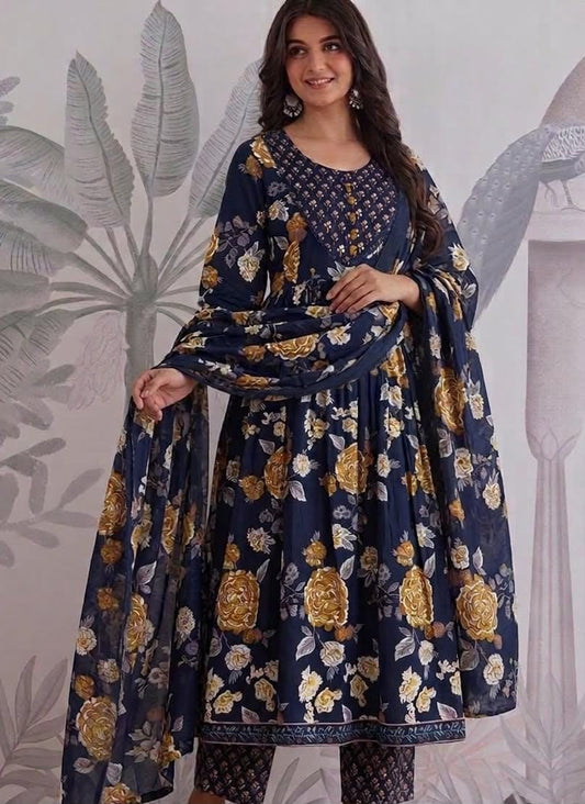Navy Blue Floral Print Anarkali Kurta Pant Dupatta Set