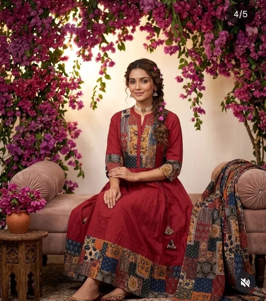 Red Premium Cotton Anarkali Suit for Women | Ajrakh Print Umbrella Flair Kurti with Pant & Dupatta