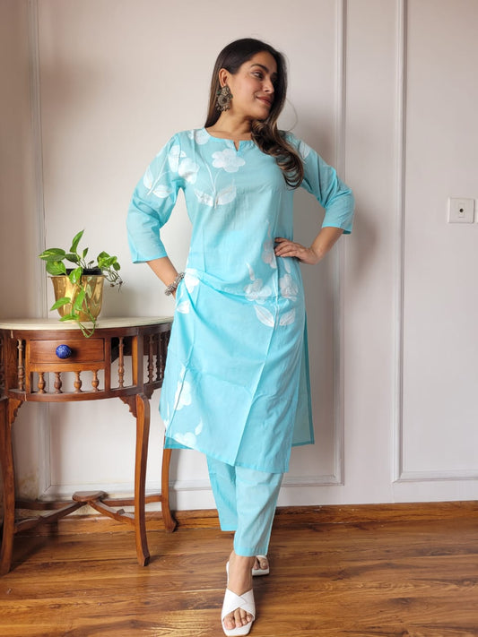 Sky Blue Floral Cotton Kurti Pant Set for Women | Casual Ethnic Wear