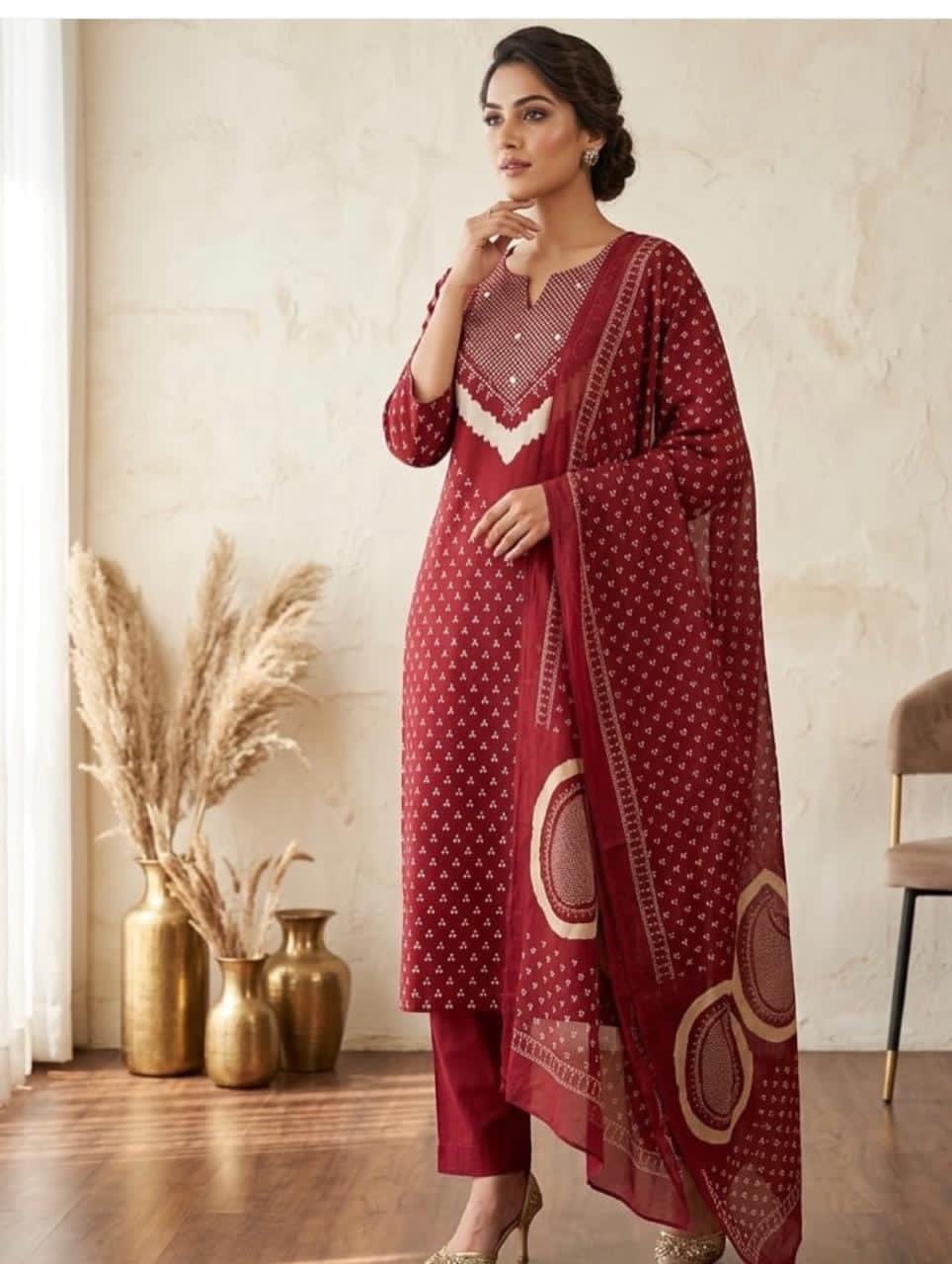 Maroon Discharge Print Cotton Kurti Pant Dupatta Set