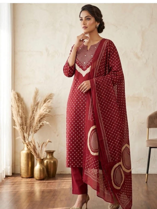Maroon Discharge Print Cotton Kurti Pant Dupatta Set