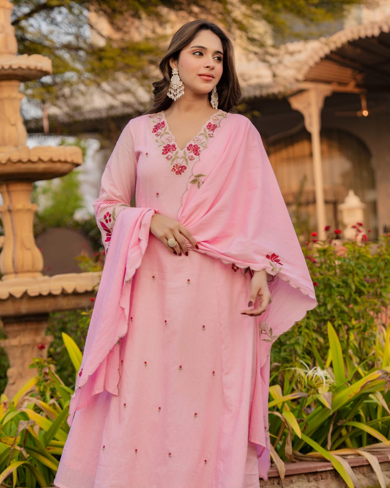 Baby Pink Cotton Anarkali Kurta Pant with Embroidered Dupatta | Designer Suit Set