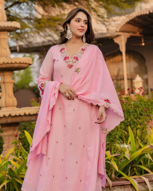 Baby Pink Cotton Anarkali Kurta Pant with Embroidered Dupatta | Designer Suit Set