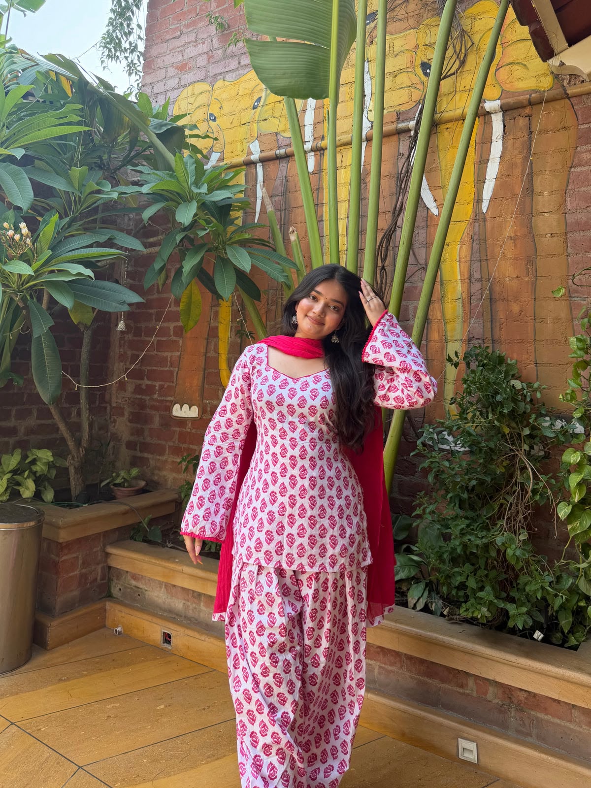 White Pink Cotton Block Print Farshi Salwar Set