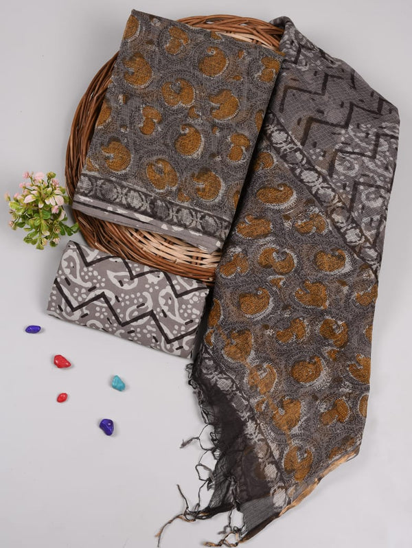 Charcoal Grey Ethnic Printed kota doriya Suit Set