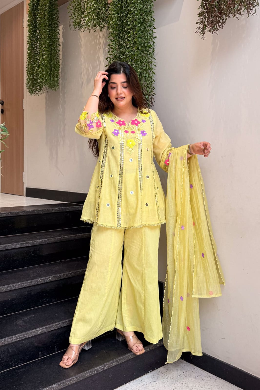 Lime Green Embroidered Cotton Kurti Palazzo Set with Dupatta