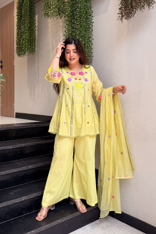 Lime Green Embroidered Cotton Kurti Palazzo Set with Dupatta