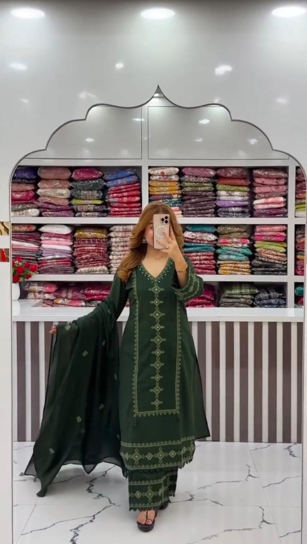 Bottle Green Chikankari Embroidered Cotton Suit Set for Women