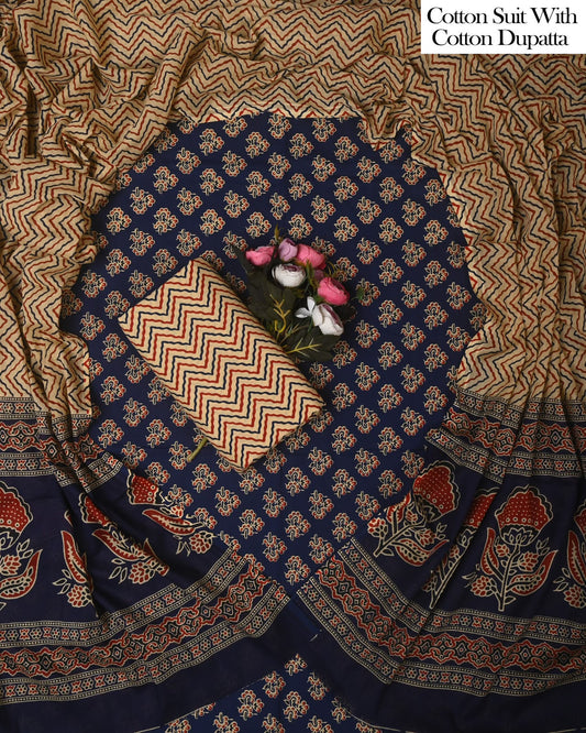 Exclusive Hand Block Cotton Suit With Cotton Dupatta(BFCOT179)