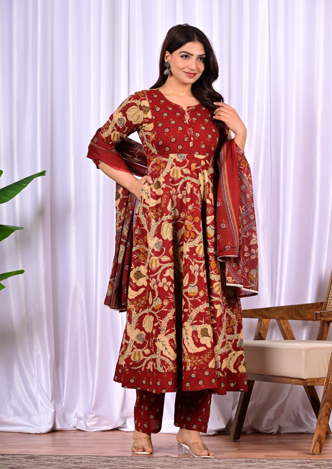 Maroon Printed Kurta Pant Dupatta Set for Women