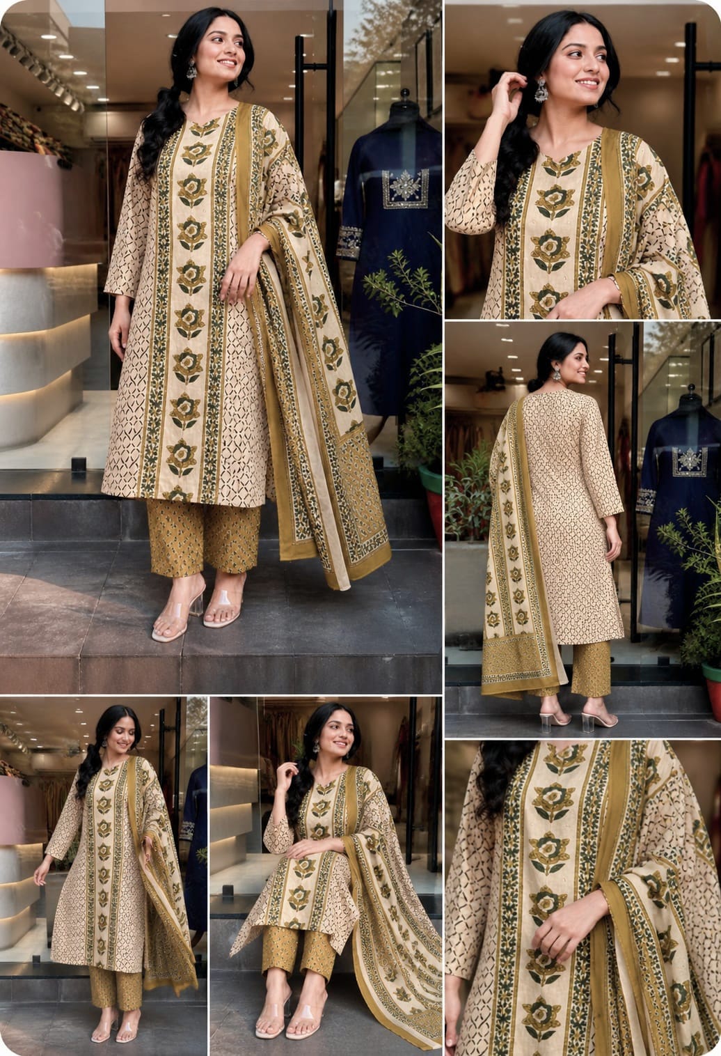 Beige & Green Floral Print Cotton Straight Kurti Set with Sequence Work