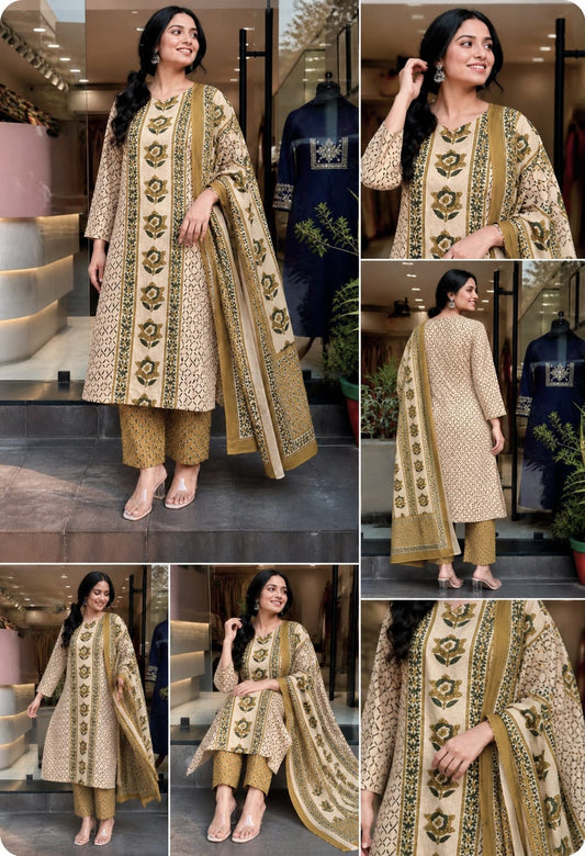 Beige & Green Floral Print Cotton Straight Kurti Set with Sequence Work