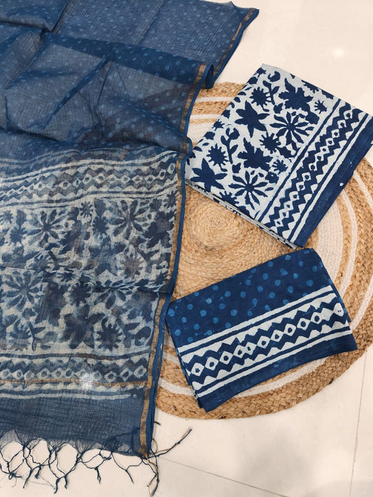 Premium Sanganeri Printed Cotton Suit With Kota Doria Duppta(BFCOTKD44)