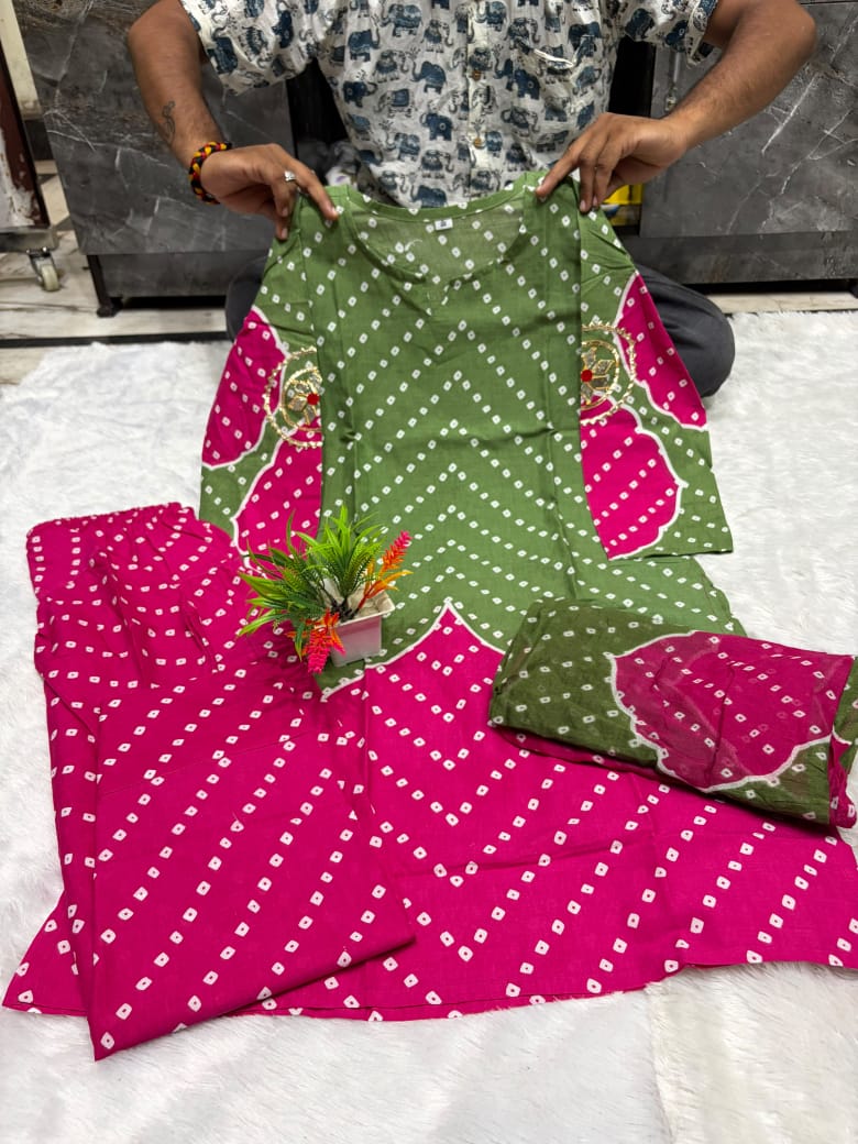 Olive Green & Pink Bandhani Print Co-ord Set | Chevron Leheriya Kurta with Palazzo