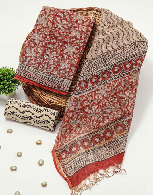 Red Beige Kota Doriya Suit Set with Dupatta (BFFKO51)