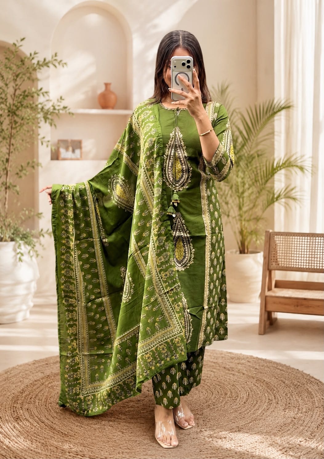 Olive Green Cotton Printed Kurti Pant Dupatta Set