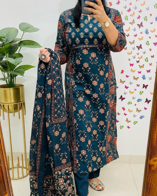 Teal Blue Cotton Kurti Pant Dupatta Set