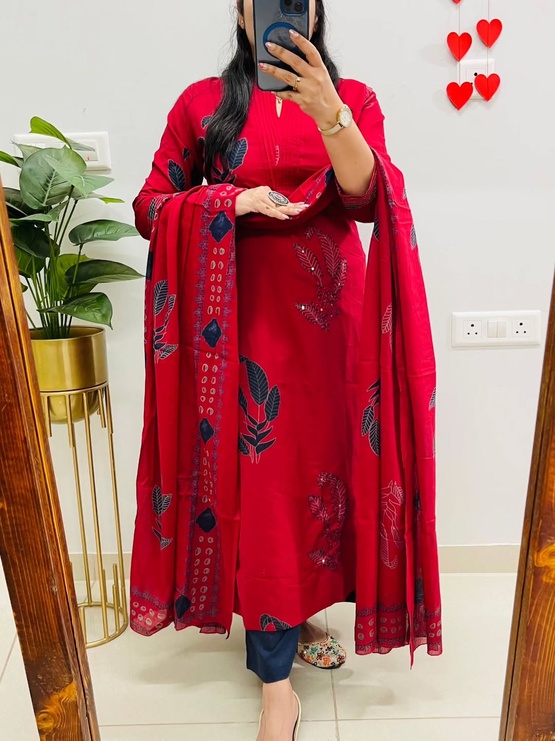 Red Cotton Kurti Pant Dupatta Set for Women