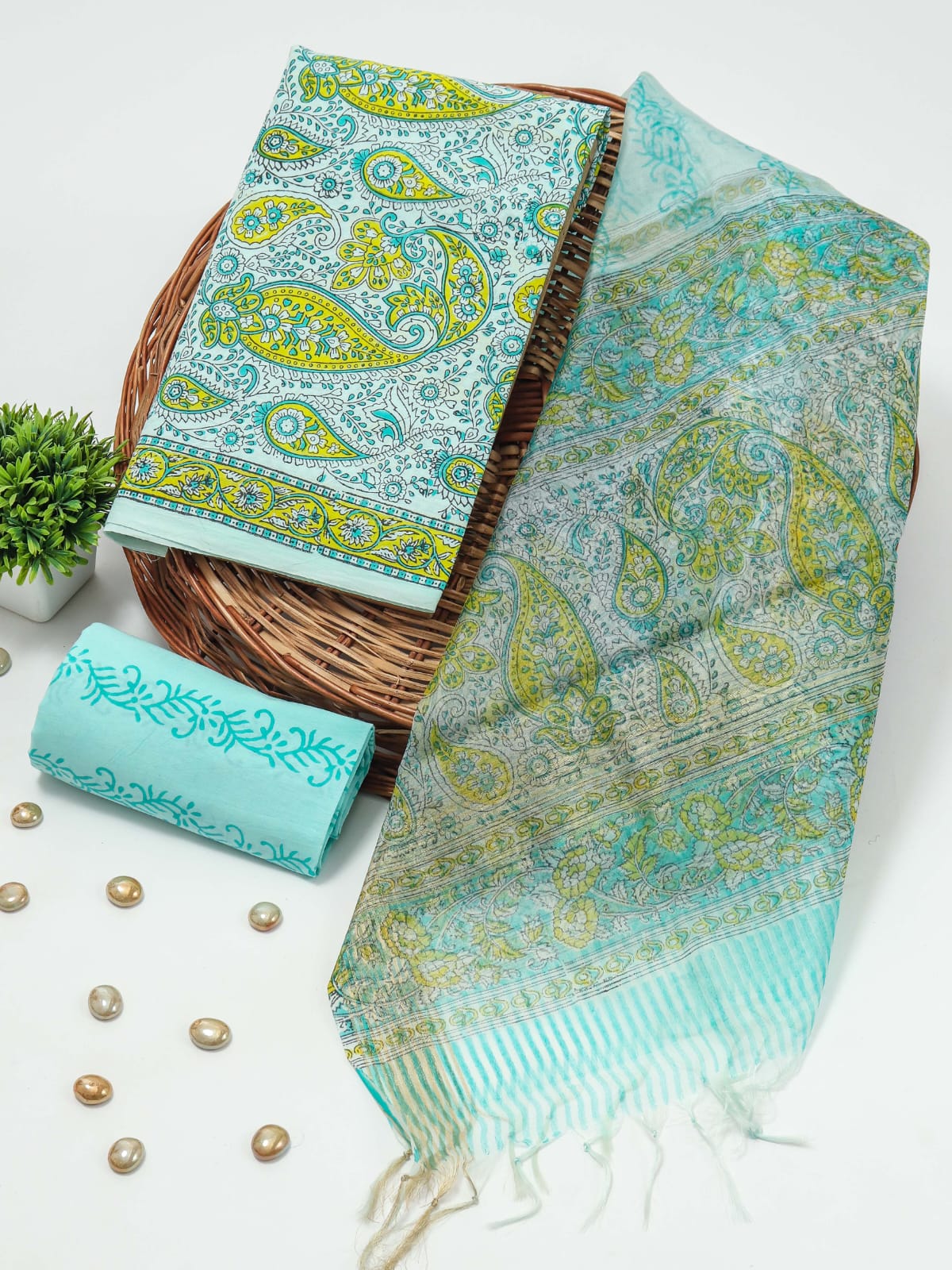New Floral Hand Block Printed Cotton Suit With Organza Dupatta(BFOR57)