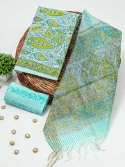 New Floral Hand Block Printed Cotton Suit With Organza Dupatta(BFOR57)
