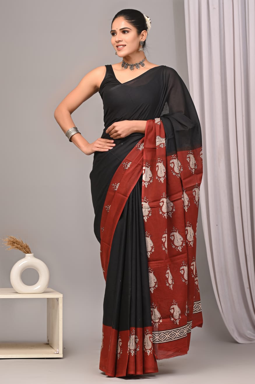 Traditional Authentic Hand Block Printed Pure Organic Cotton Sarees With matching Blouse