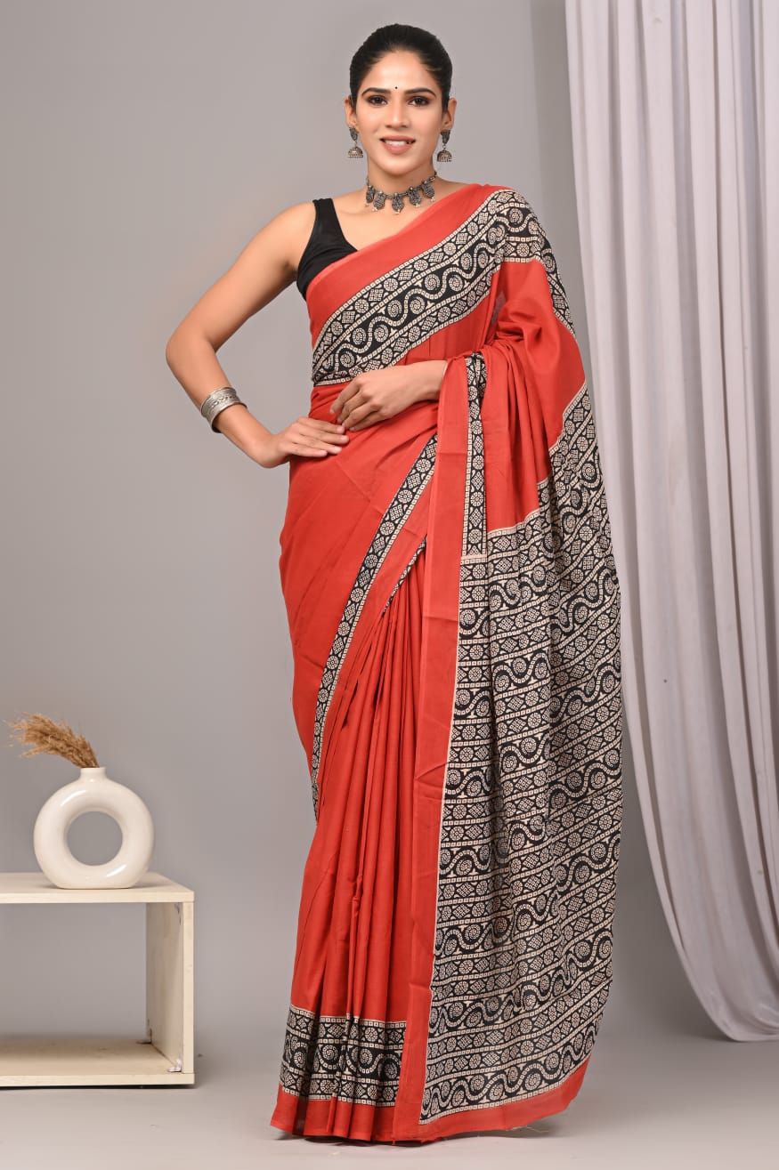 Traditional Authentic Hand Block Printed Pure Organic Cotton Sarees With matching Blouse