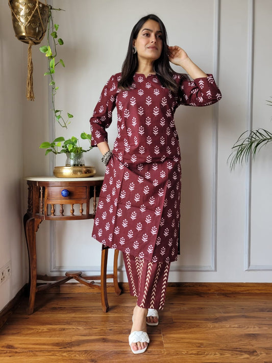 Maroon Printed Cotton Kurti Pant Set for Women – Elegant Ethnic Wear