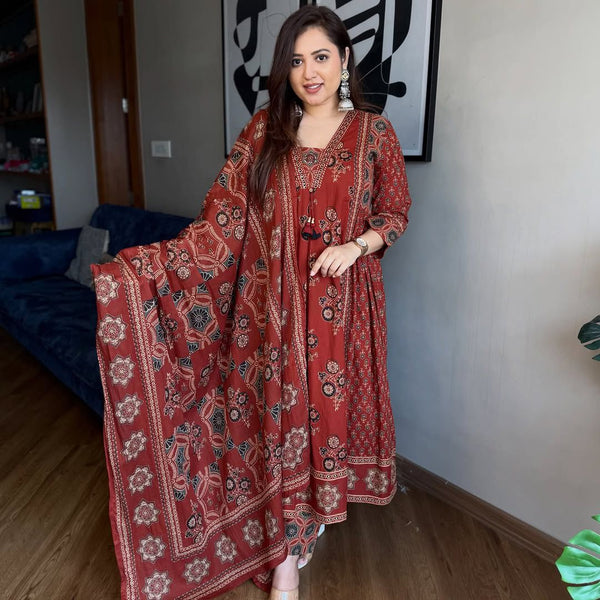 Red Ajrakh Print Anarkali Suit Set for Women