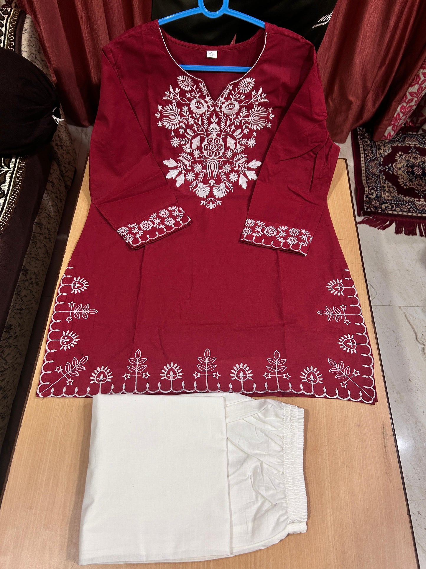 Maroon Cotton Embroidered Co-ord Set | Kurti & Palazzo