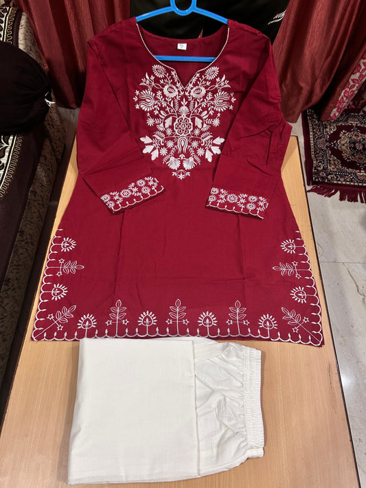 Maroon Cotton Embroidered Co-ord Set | Kurti & Palazzo