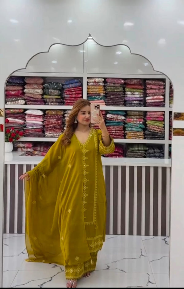 Mustard Olive Chikankari Embroidered Cotton Suit Set for Women