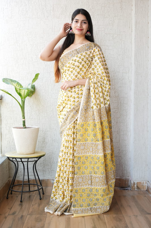 Yellow Hand Block Printed Cotton Saree with Blouse (BFCS58)