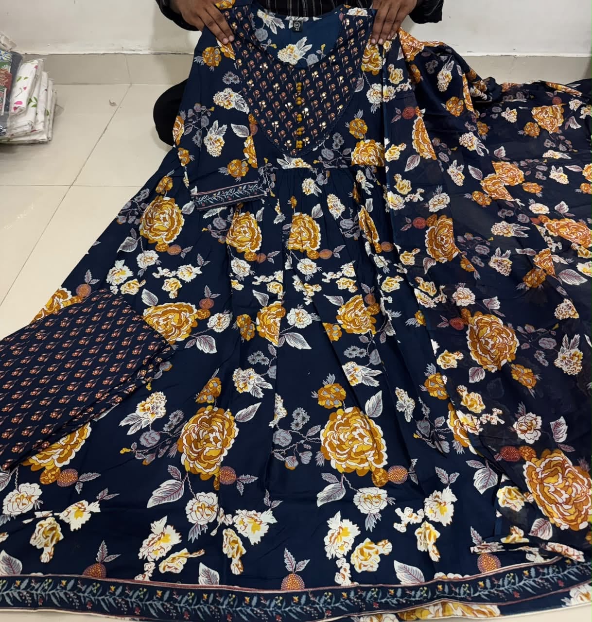 Navy Blue Floral Print Anarkali Kurta Pant Dupatta Set